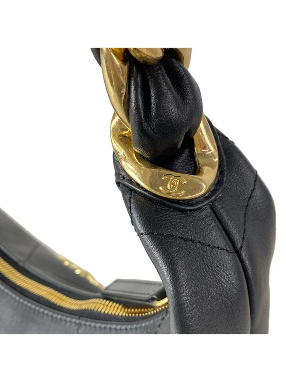 Chanel Handbag Quilted Hobo Black Gold Metal Leather